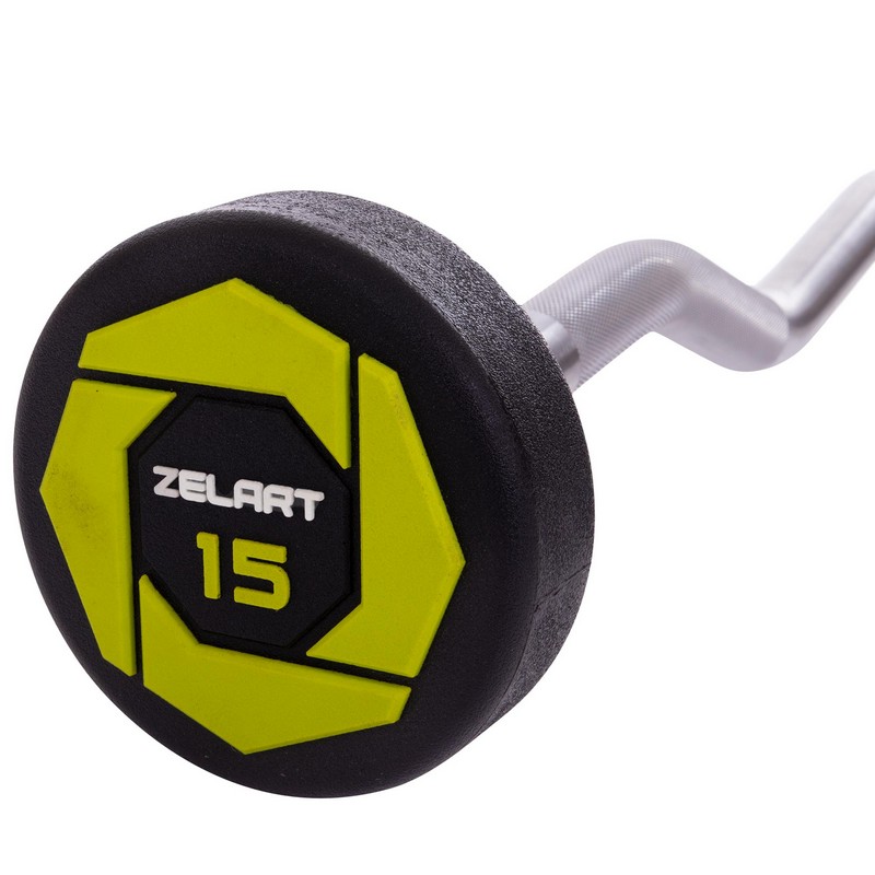 Штанга нерозбірна з фіксованою вагою вигнута поліуретанова Zelart Urethane Barbell TA-2690-15 довжина-104см 15кг чорний-салатовий