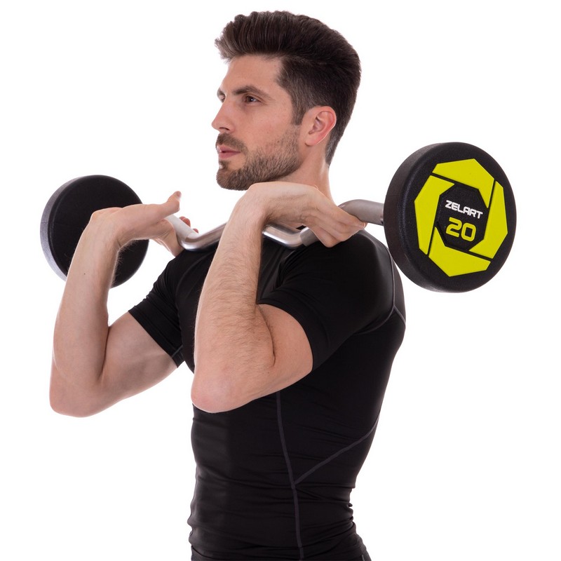 Штанга нерозбірна з фіксованою вагою вигнута поліуретанова Zelart Urethane Barbell TA-2690-20 довжина-104см 20кг чорний-салатовий