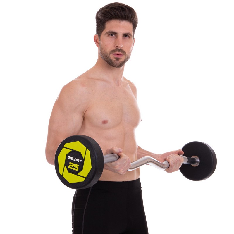 Штанга нерозбірна з фіксованою вагою вигнута поліуретанова Zelart Urethane Barbell TA-2690-25 довжина-106см 25кг чорний-салатовий