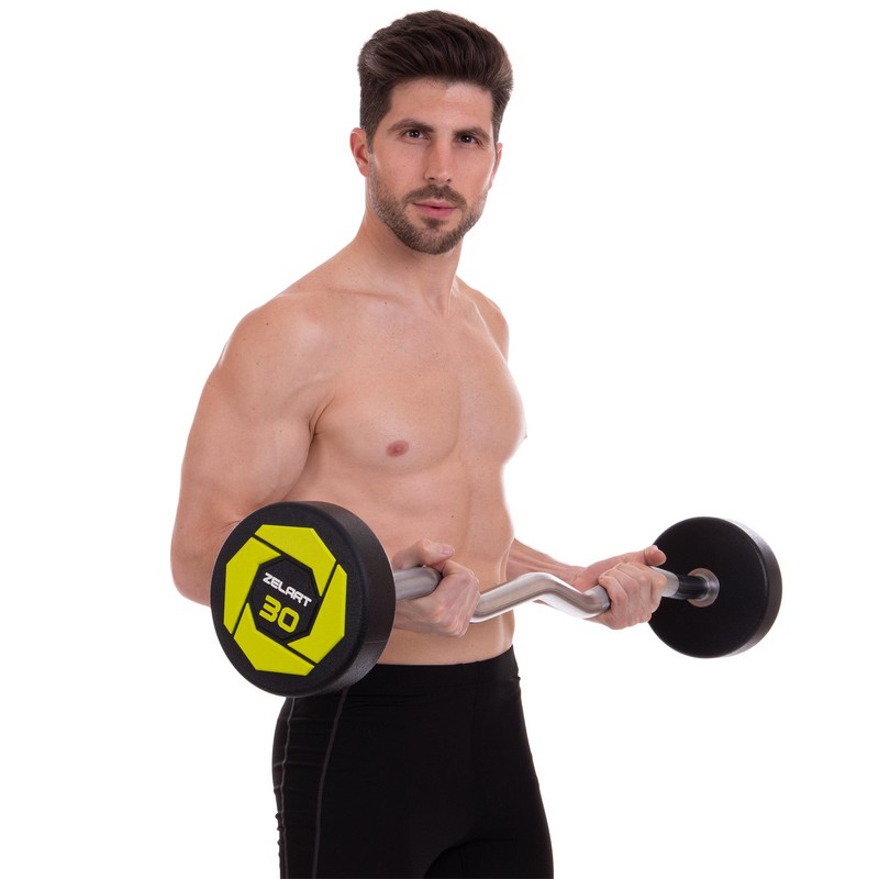 Штанга нерозбірна з фіксованою вагою вигнута поліуретанова Zelart Urethane Barbell TA-2690-30 довжина-107см 30кг чорний-салатовий