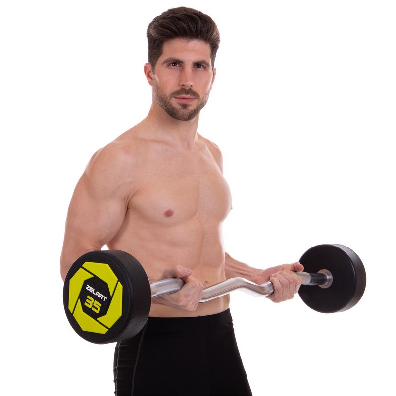 Штанга нерозбірна з фіксованою вагою вигнута поліуретанова Zelart Urethane Barbell TA-2690-35 довжина-110см 35кг чорний-салатовий