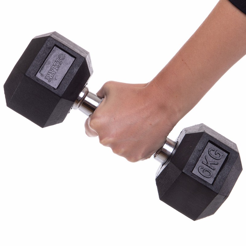 Гантель цільна шестигранна гексагональна обгумована Zelart TA-5159-6 1шт 6кг чорний