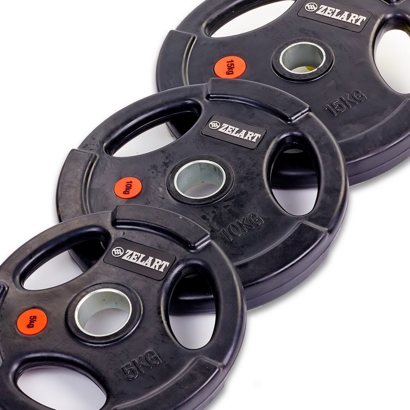 Млинці диски гумові з потрійним хватом та металевою втулкою Zelart Z-HIT TA-5160-15 51мм 15кг чорний
