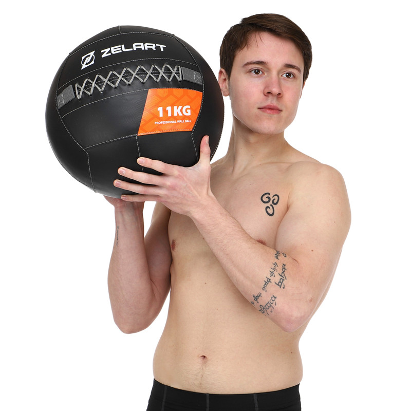 М'яч набивний медичний для кросфіту WALL BALL Zelart TA-7822-11 вага-11кг чорний