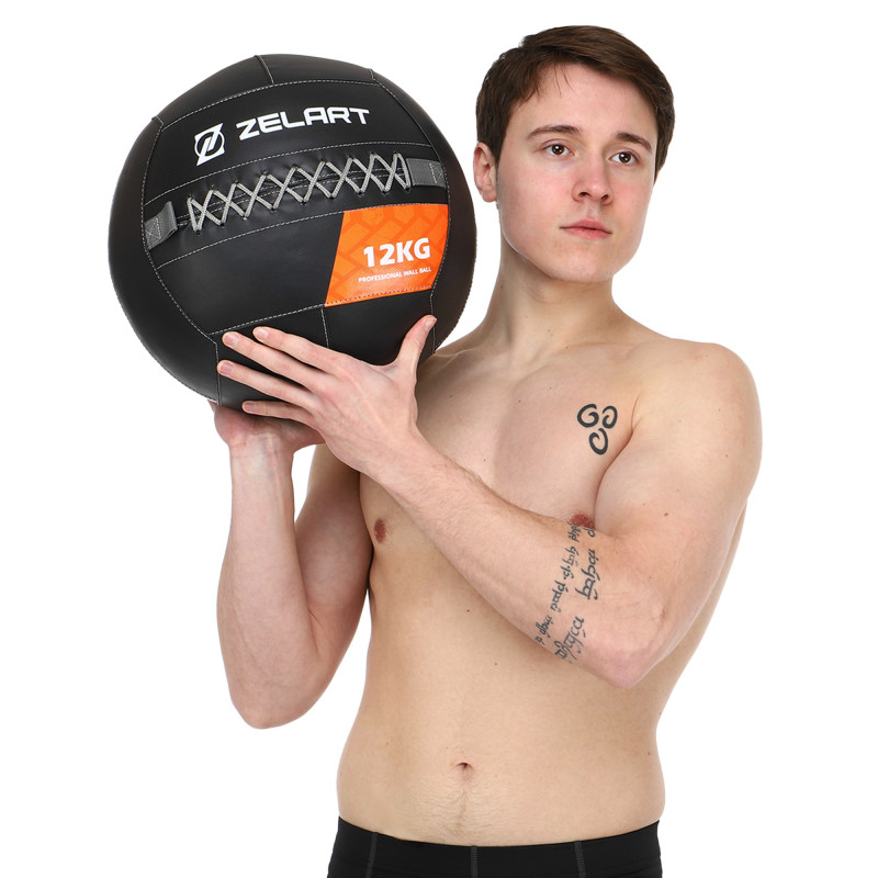 М'яч набивний медичний для кросфіту WALL BALL Zelart TA-7822-12 вага-12кг чорний