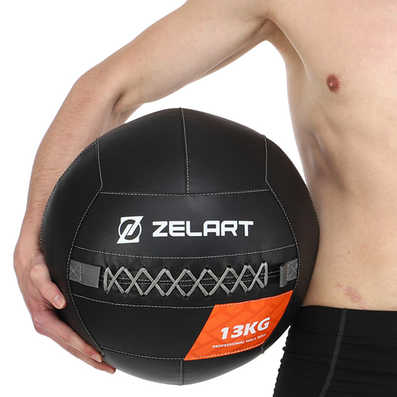 М'яч набивний медичний для кросфіту WALL BALL Zelart TA-7822-13 вага-13кг чорний