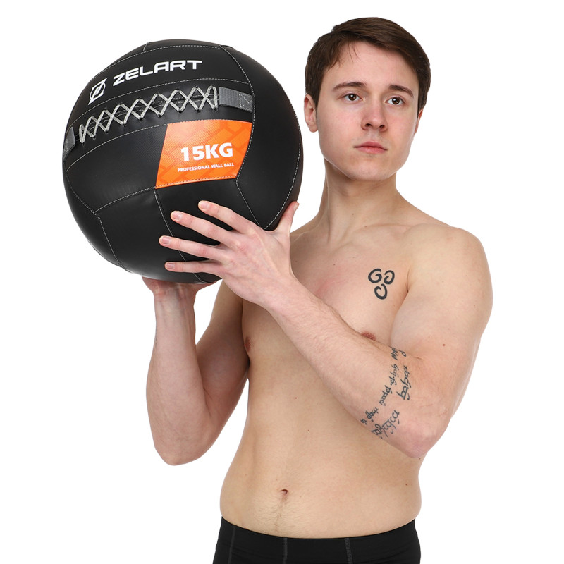 М'яч набивний медичний для кросфіту WALL BALL Zelart TA-7822-15 вага-15кг чорний