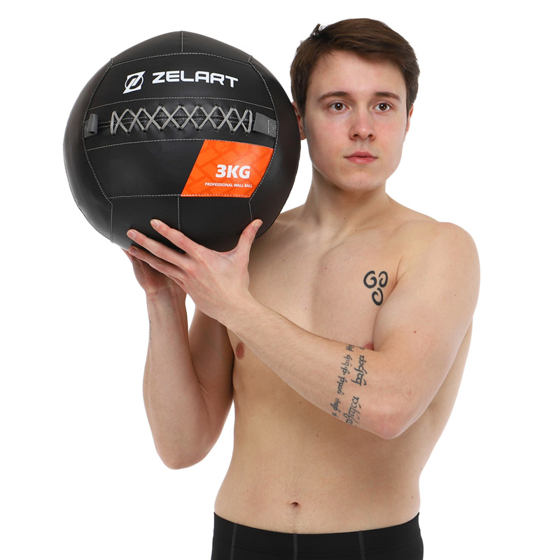 М'яч набивний медичний для кросфіту WALL BALL Zelart TA-7822-3 вага-3кг чорний