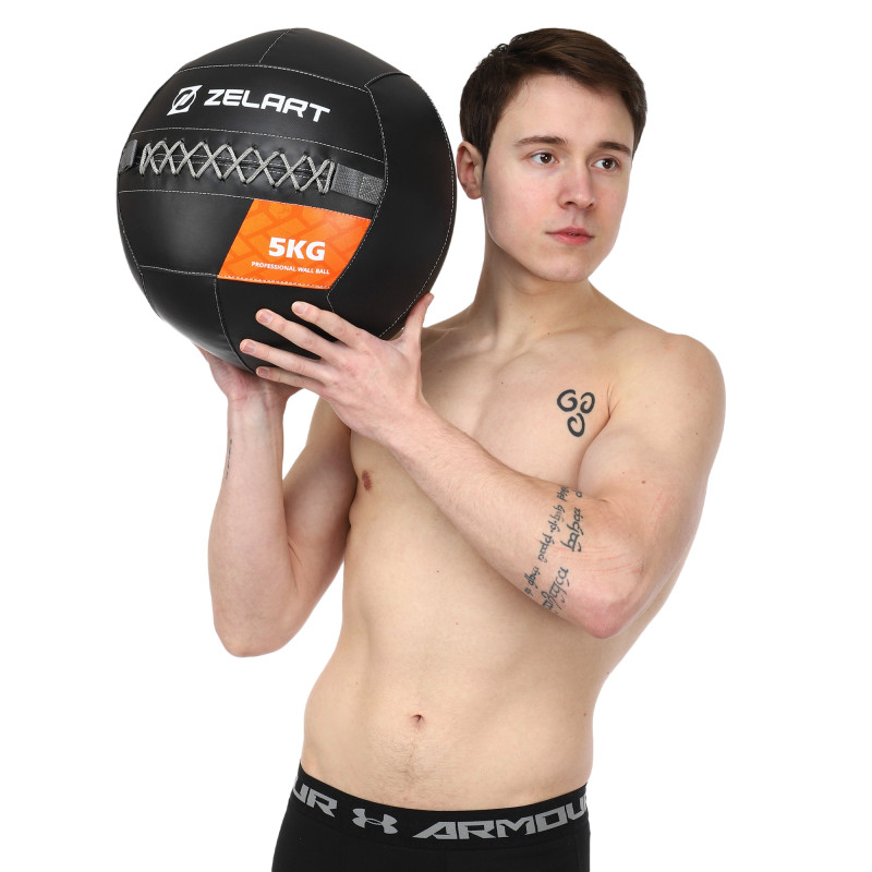 М'яч набивний медичний для кросфіту WALL BALL Zelart TA-7822-5 вага-5кг чорний