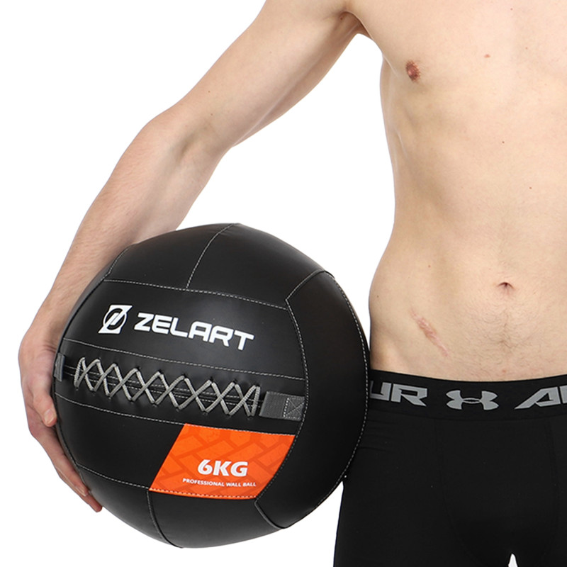 М'яч набивний медичний для кросфіту WALL BALL Zelart TA-7822-6 вага-6кг чорний
